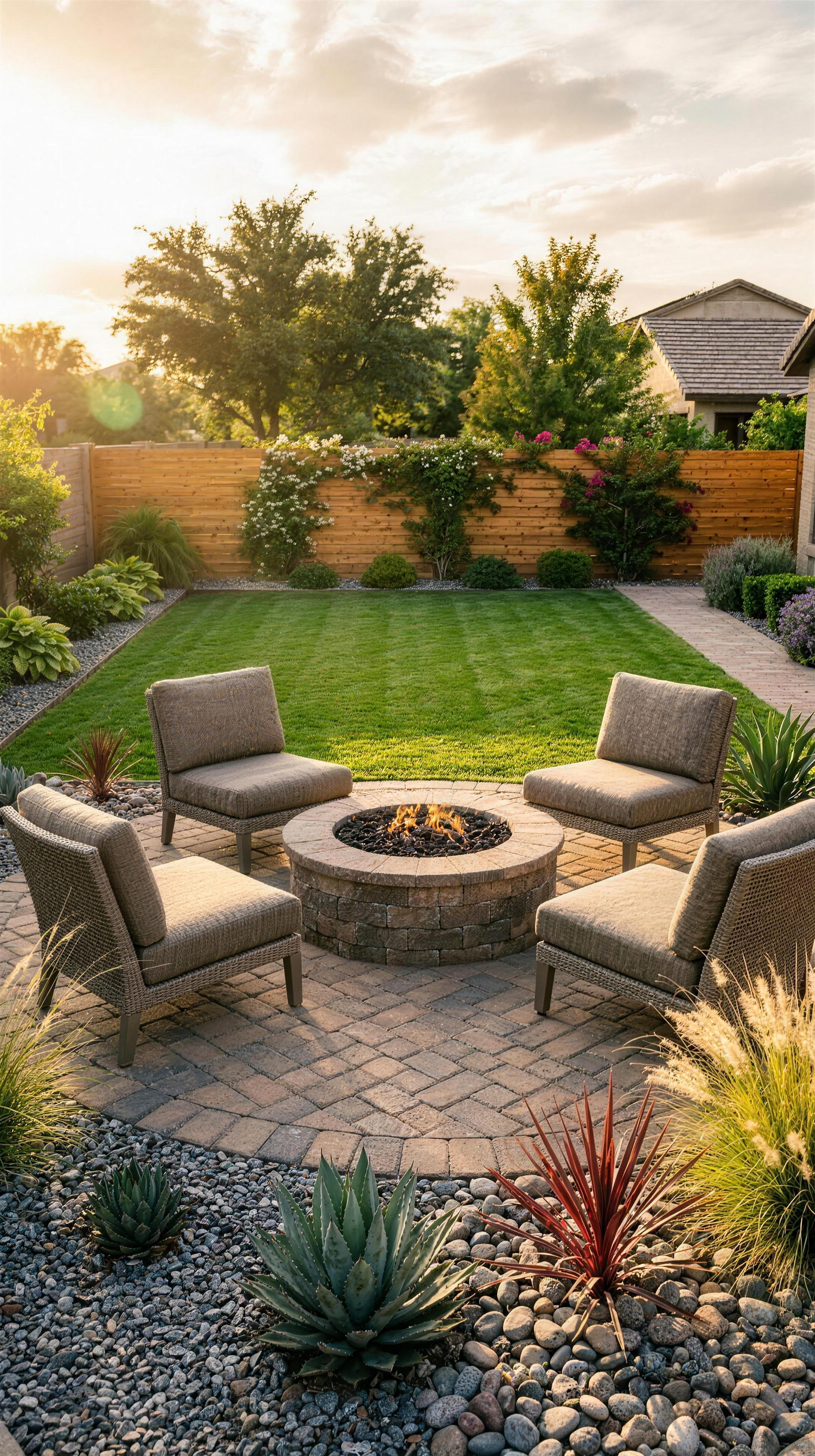 Circular paver patio with a stacked-stone fire pit and lounge chairs at golden hour