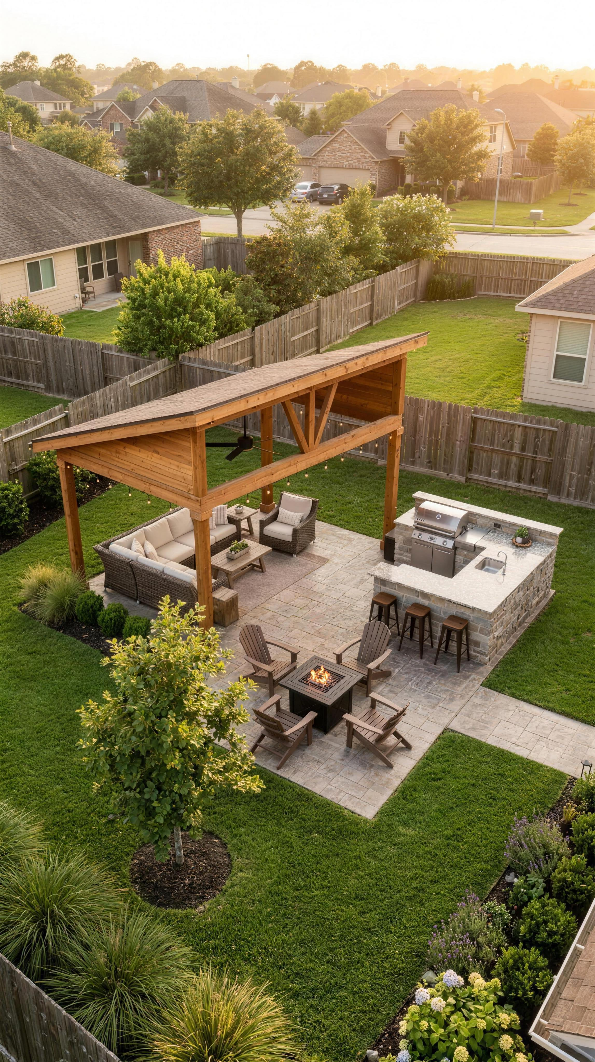 Aerial view of a covered cedar pavilion, paver patio, built-in kitchen, and lawn at golden hour