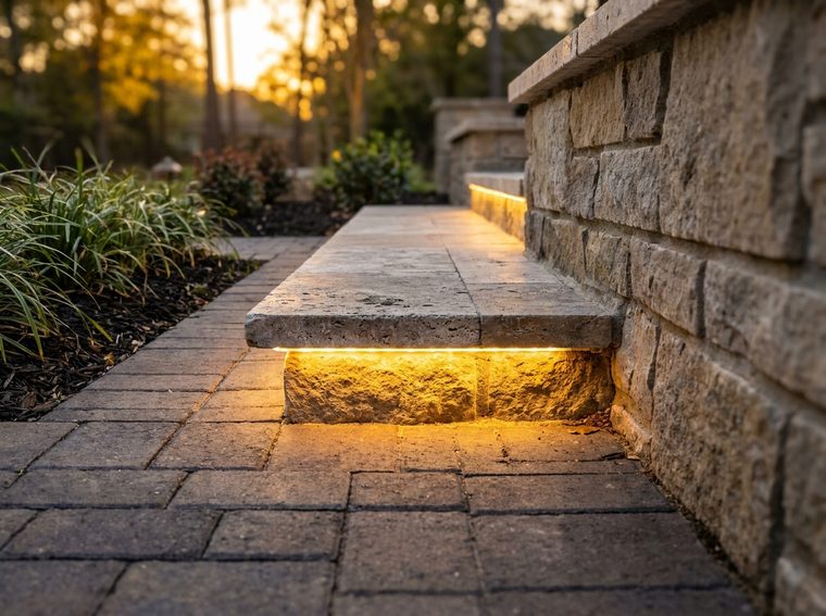 Warm integrated lighting glowing beneath travertine steps beside a stacked-stone wall at dusk