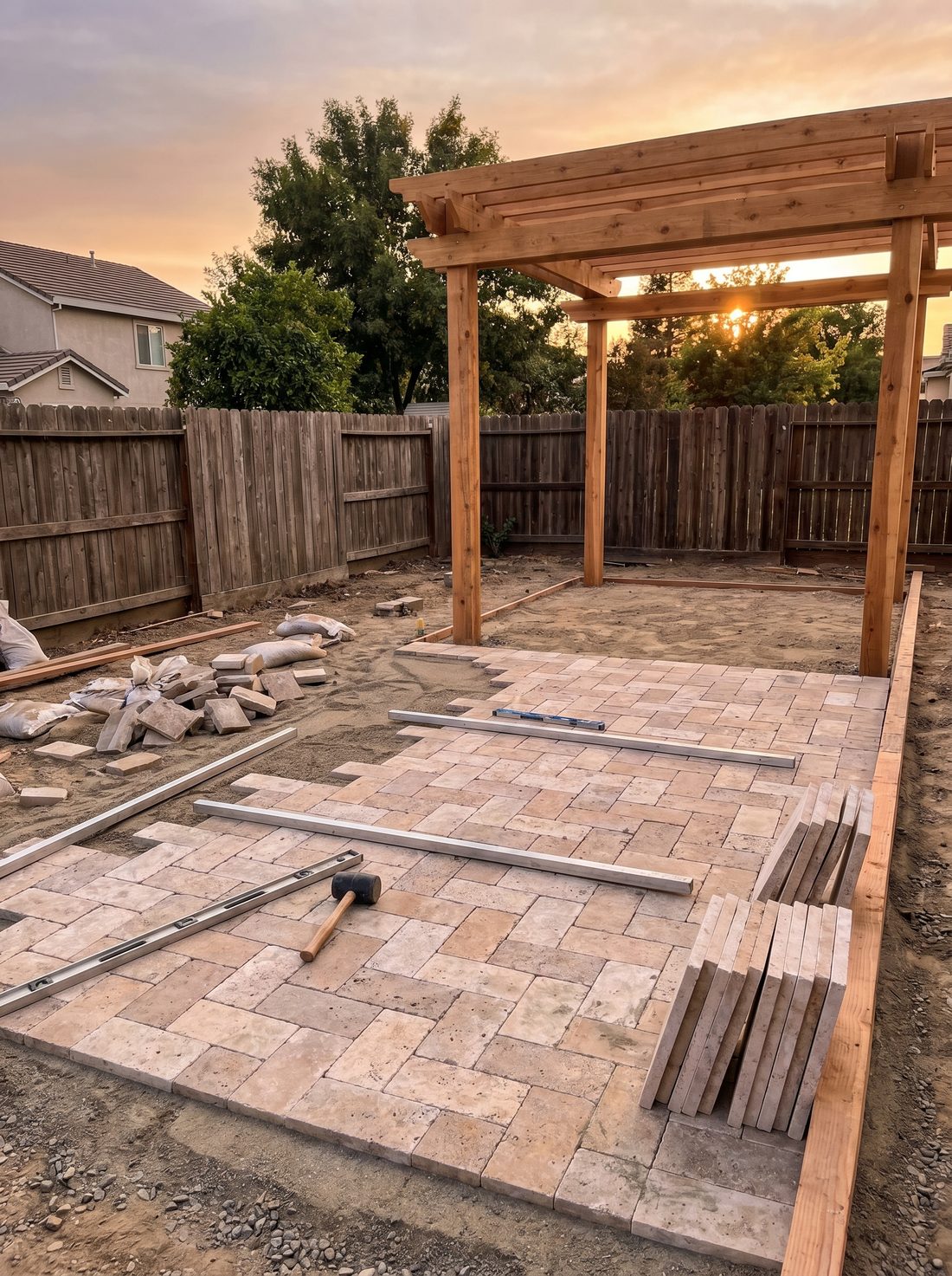 A travertine paver patio under construction with a half-laid pattern and a cedar pergola frame at golden hour