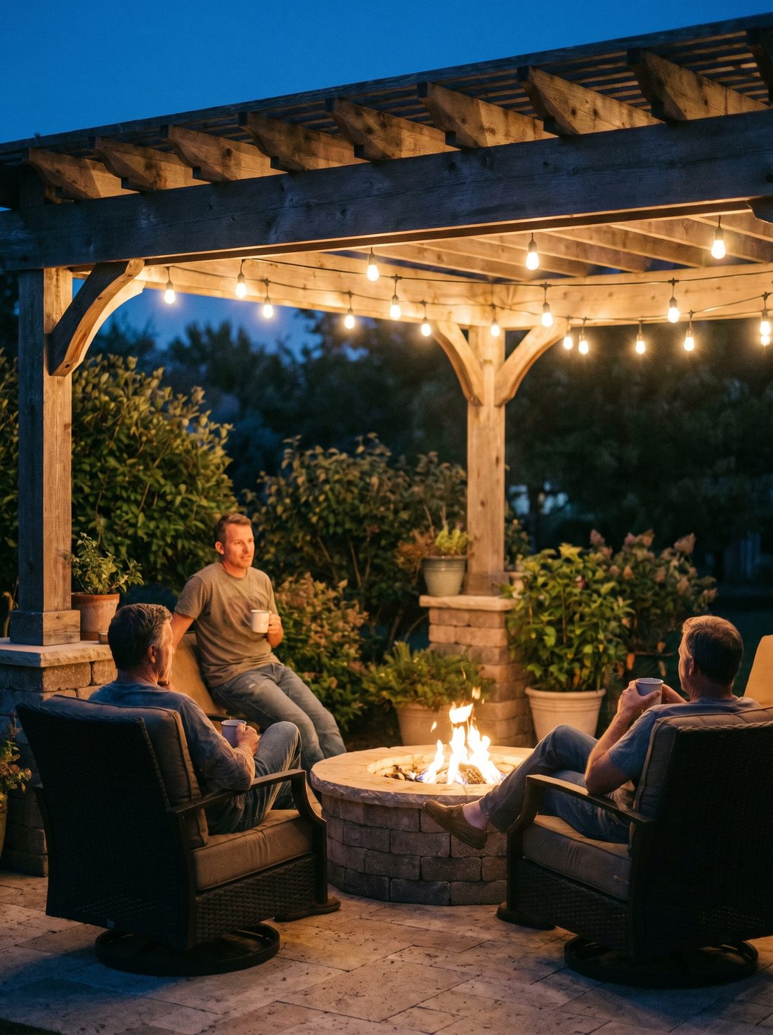 Friends relaxing around a lit firepit on a finished patio under warm string lights at dusk
