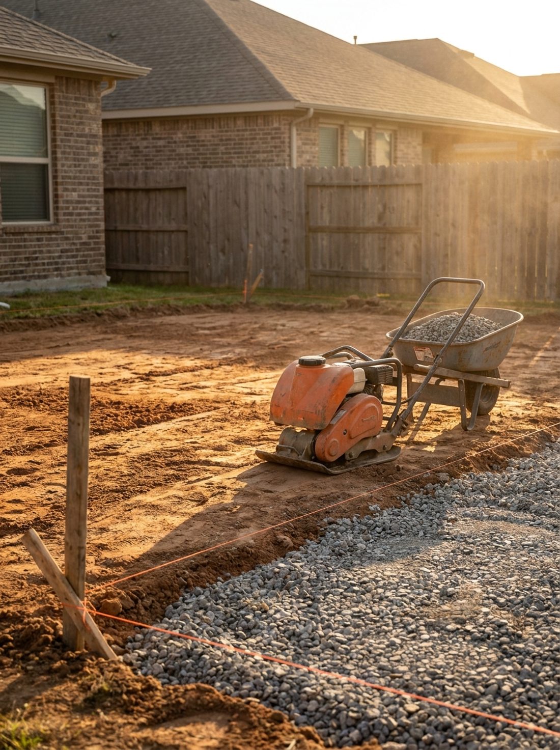 A North Houston backyard during site preparation, freshly graded earth and a compacted gravel base at golden hour