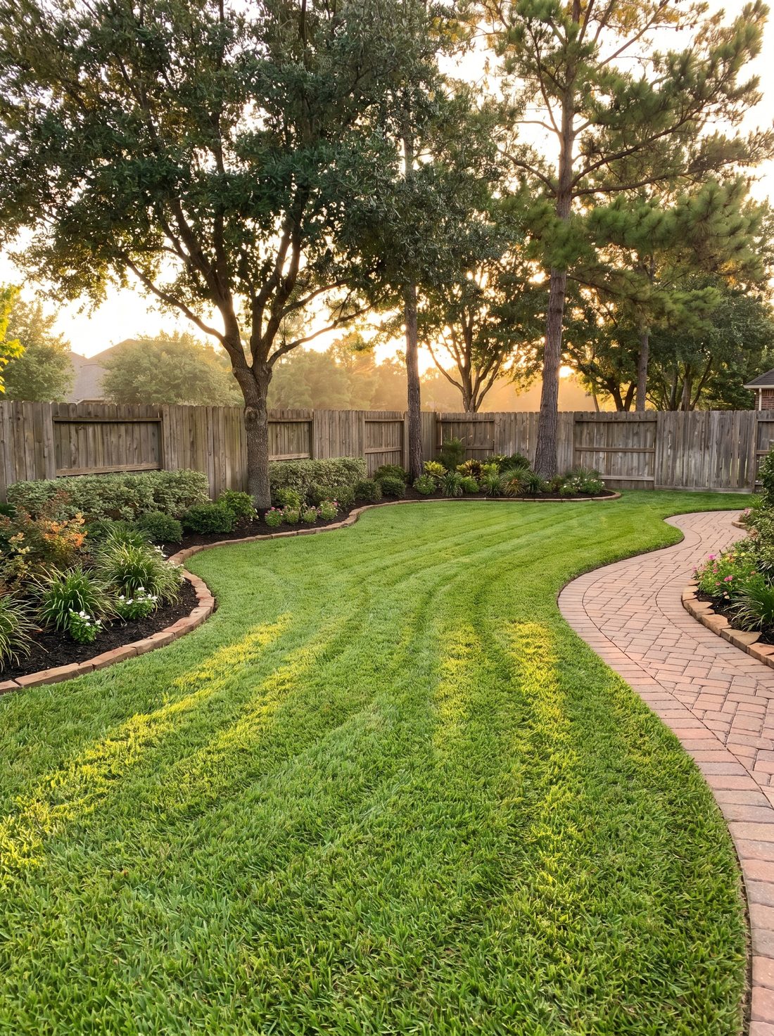 Manicured striped emerald lawn bordered by curved planting beds and a paver walkway