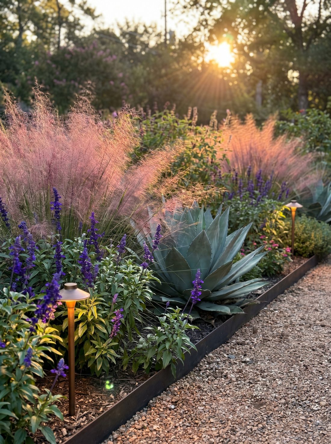 Lush designed planting bed of muhly grass, salvia, and agave with clean steel edging and path lights