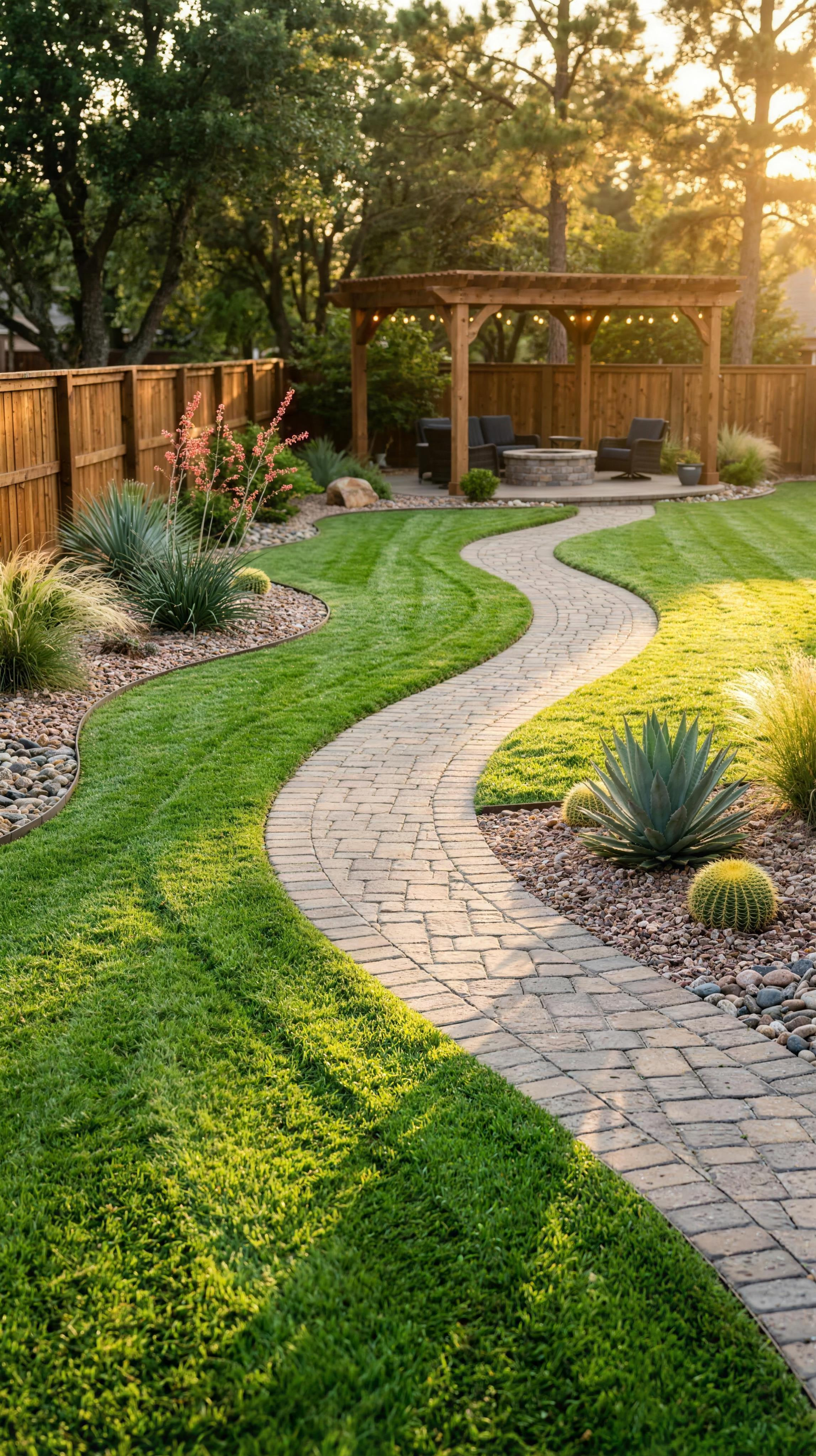 Winding paver path through a striped emerald lawn and xeriscape plantings with golden-hour sun flare