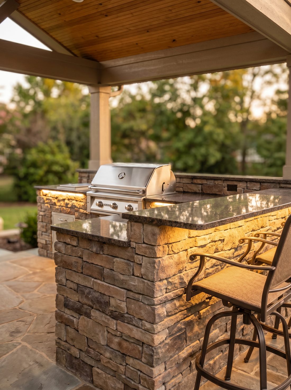 Built-in stainless grill set into a stacked-stone island with a granite bar counter and stools