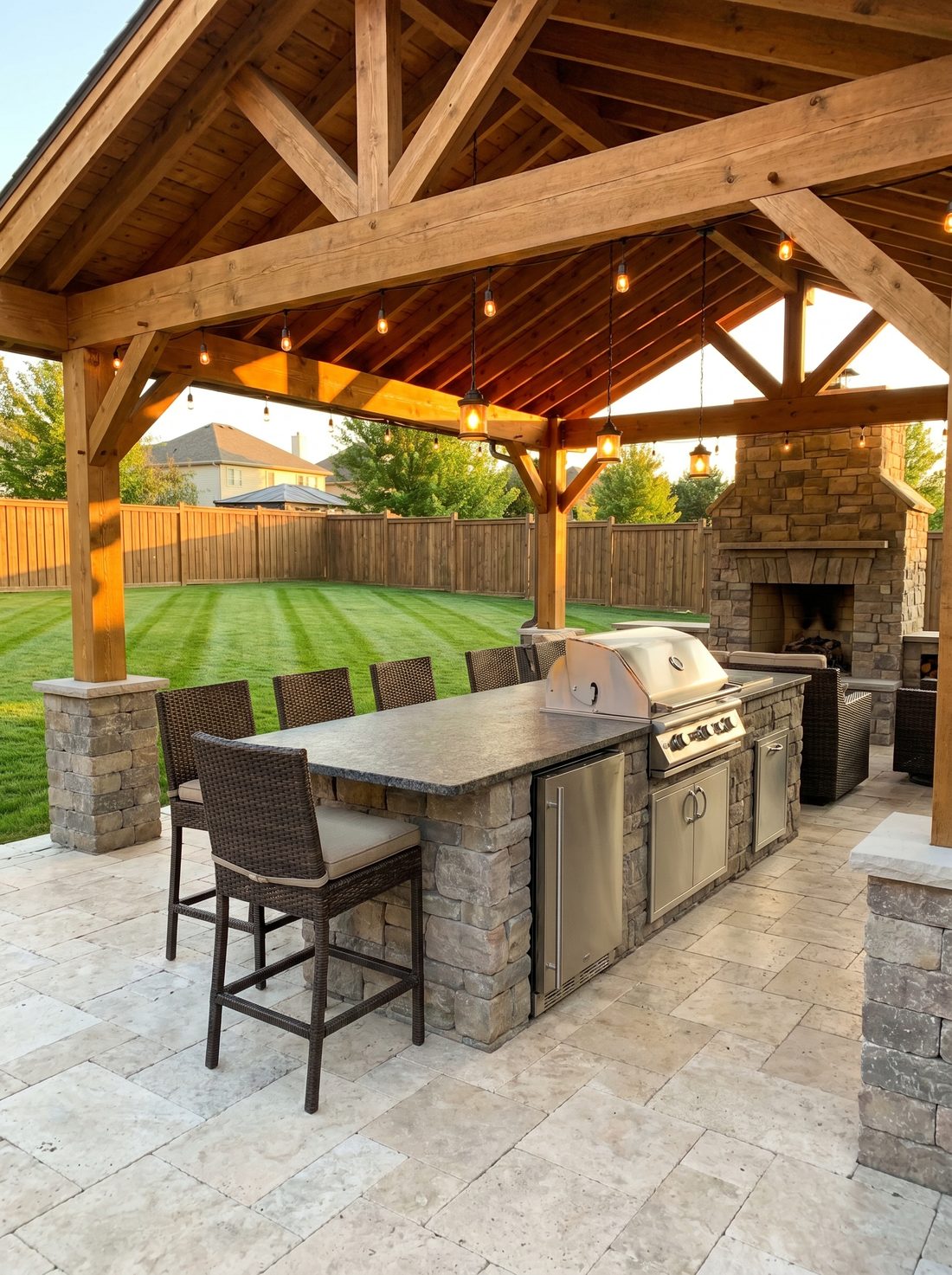 Full covered outdoor kitchen under a cedar pavilion with a long stone island and bar seating