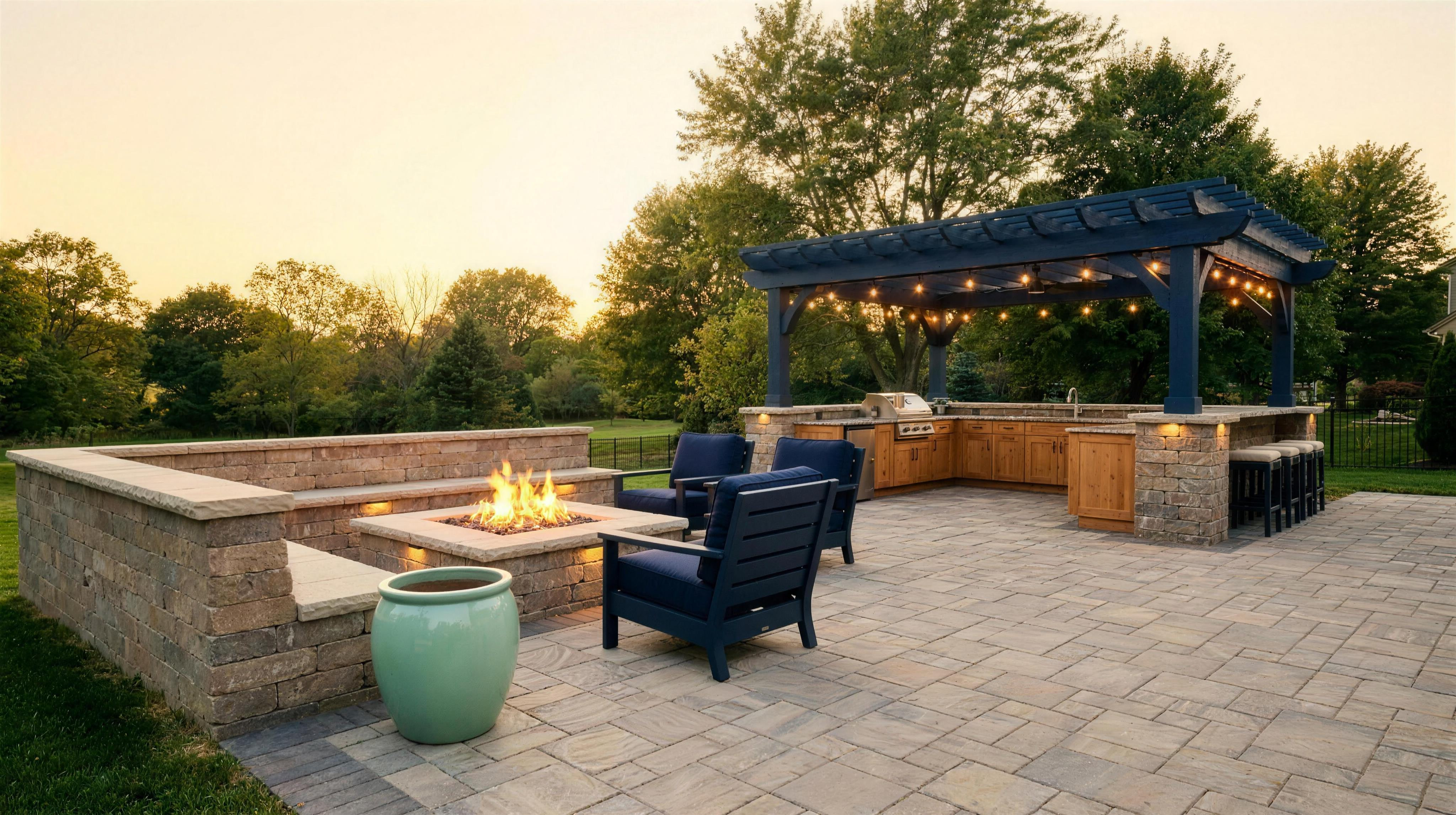 Built-in stainless outdoor kitchen under a pergola beside a linear fire feature and paver patio at twilight