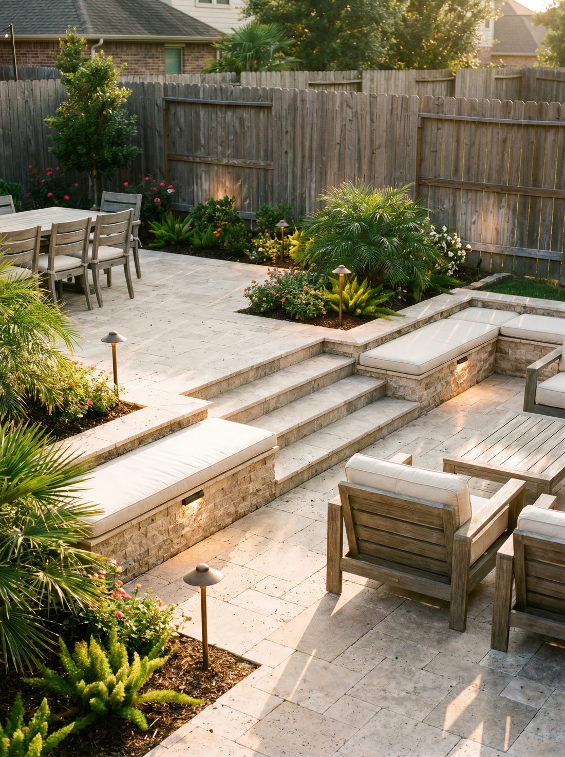 Finished multi-level travertine paver patio with stone steps and built-in seating at golden hour