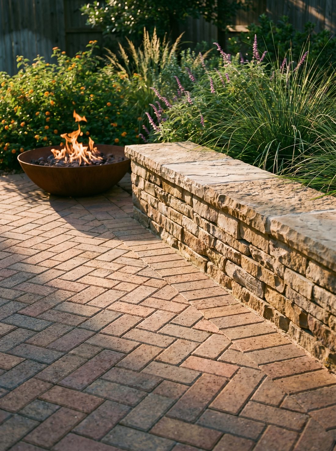 Herringbone paver patio meeting a stacked-stone seat wall with a lit fire bowl at dusk