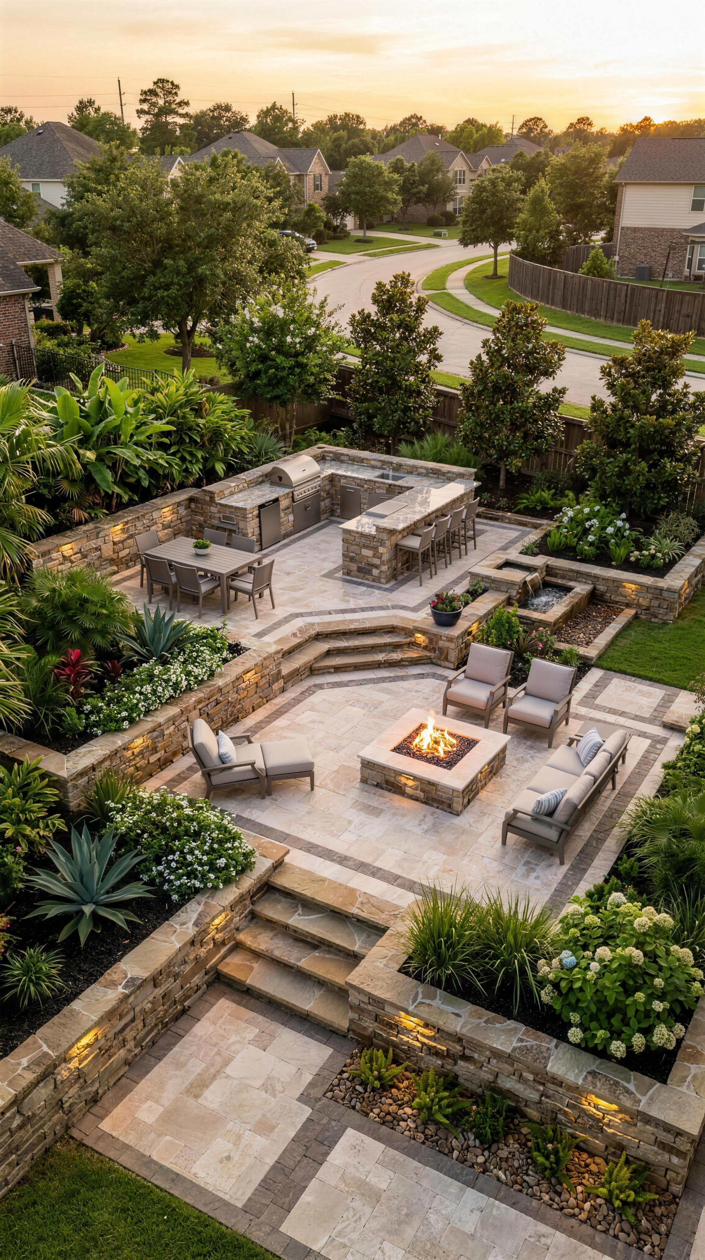 Multi-level travertine paver patio with stacked-stone walls, integrated lighting, and a fire pit at golden hour