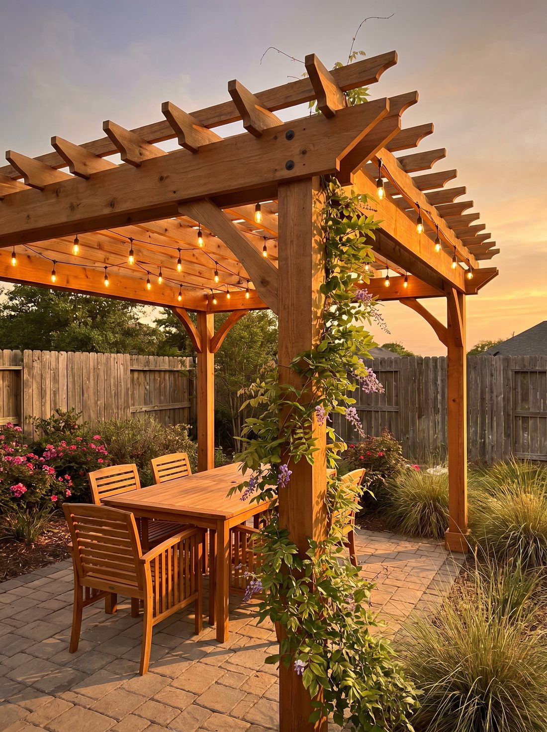 Freestanding cedar pergola over a paver patio with a dining set and warm string lights