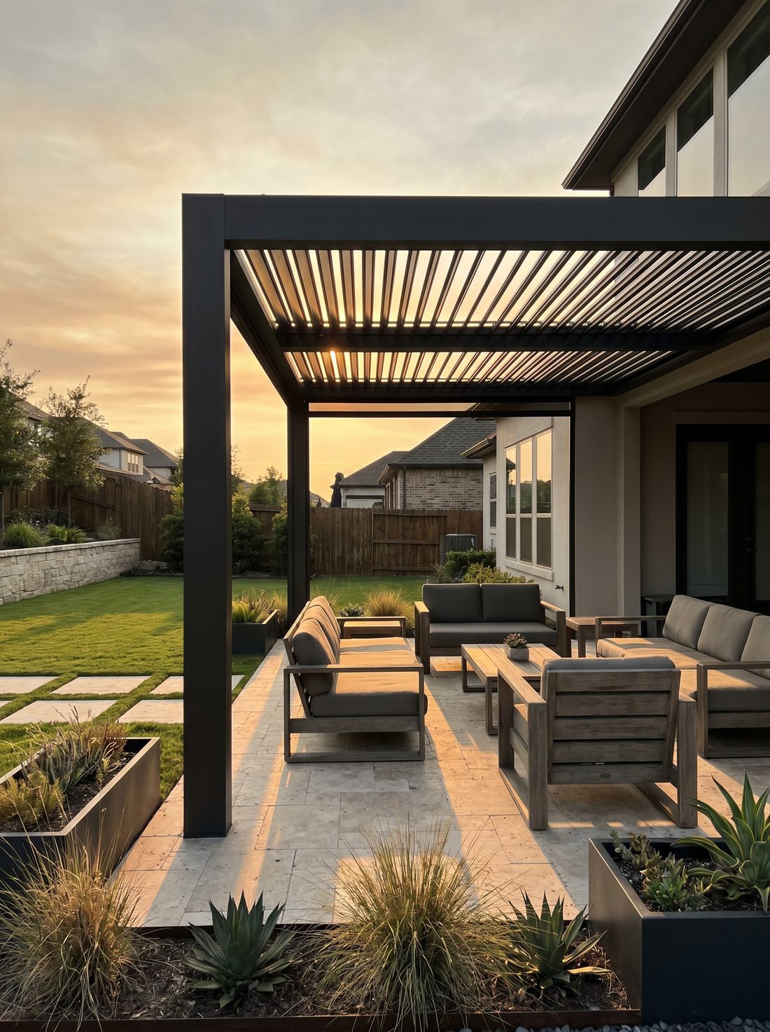 Modern louvered aluminum shade structure over a lounge area casting striped afternoon shadows