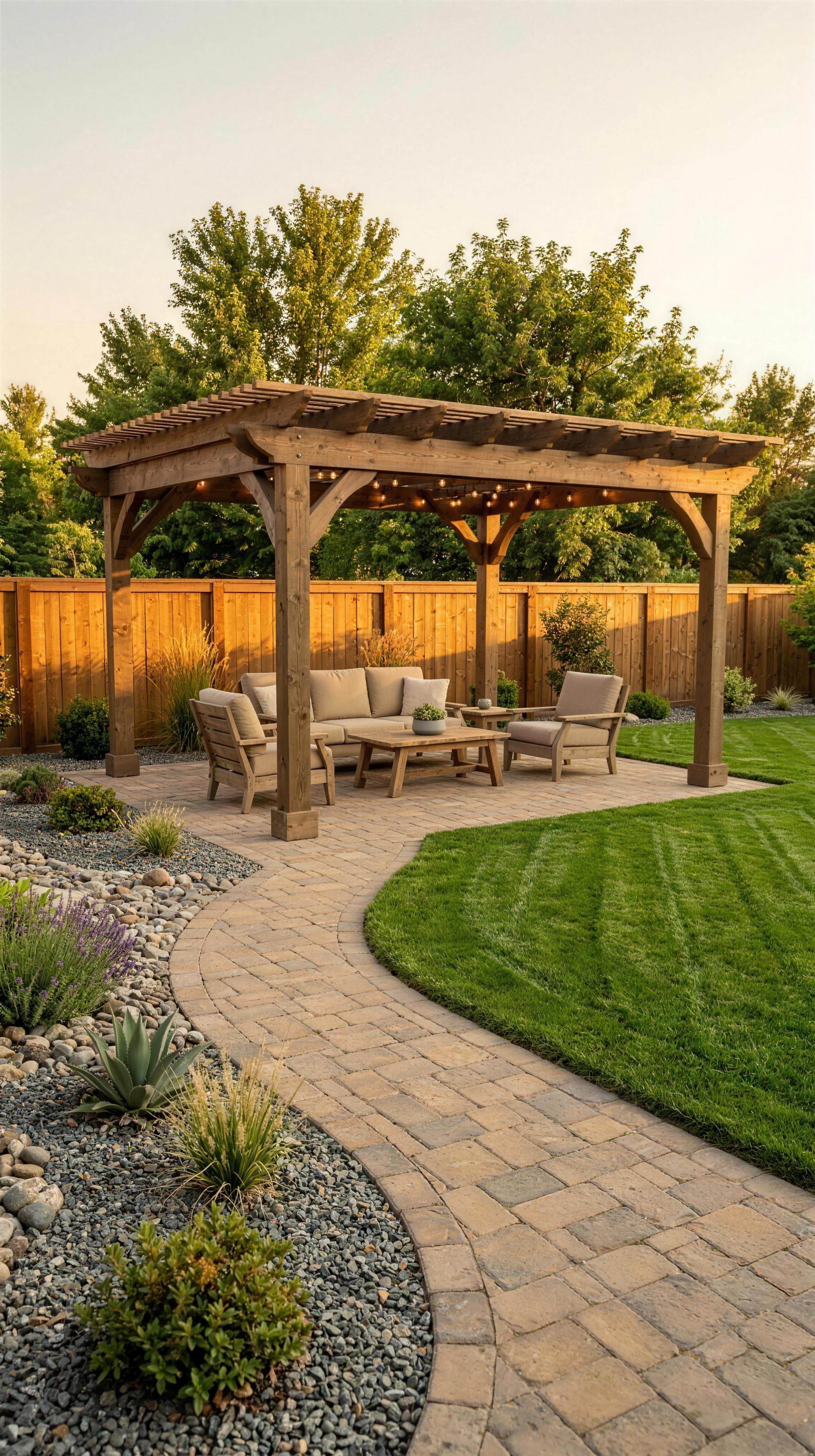 Cedar pergola with string lighting over a curved paver patio and striped lawn at golden hour