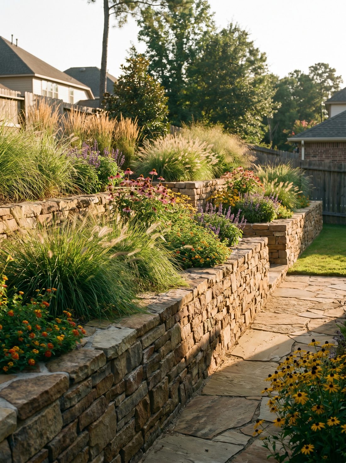 Dry-stack natural stone retaining wall holding a tiered, terraced garden of ornamental grasses