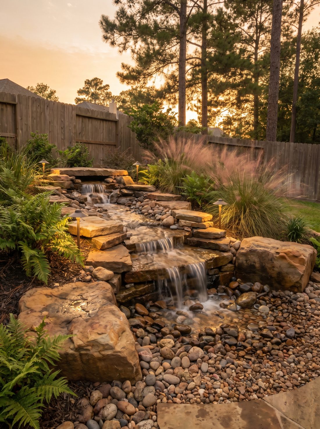 Pondless waterfall cascading over stacked stones into a hidden basin surrounded by ferns