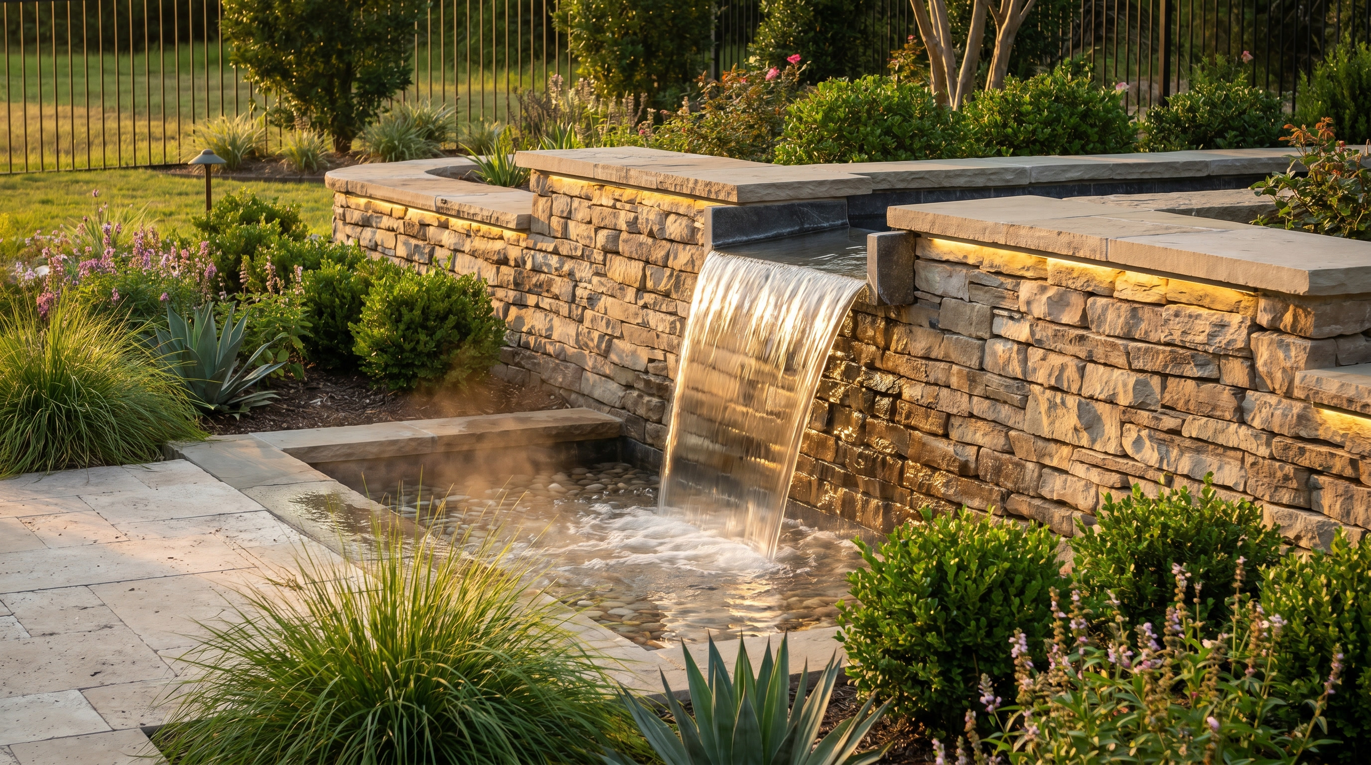 Stacked-stone retaining wall with a sheer-descent water feature spilling into a lit basin at golden hour