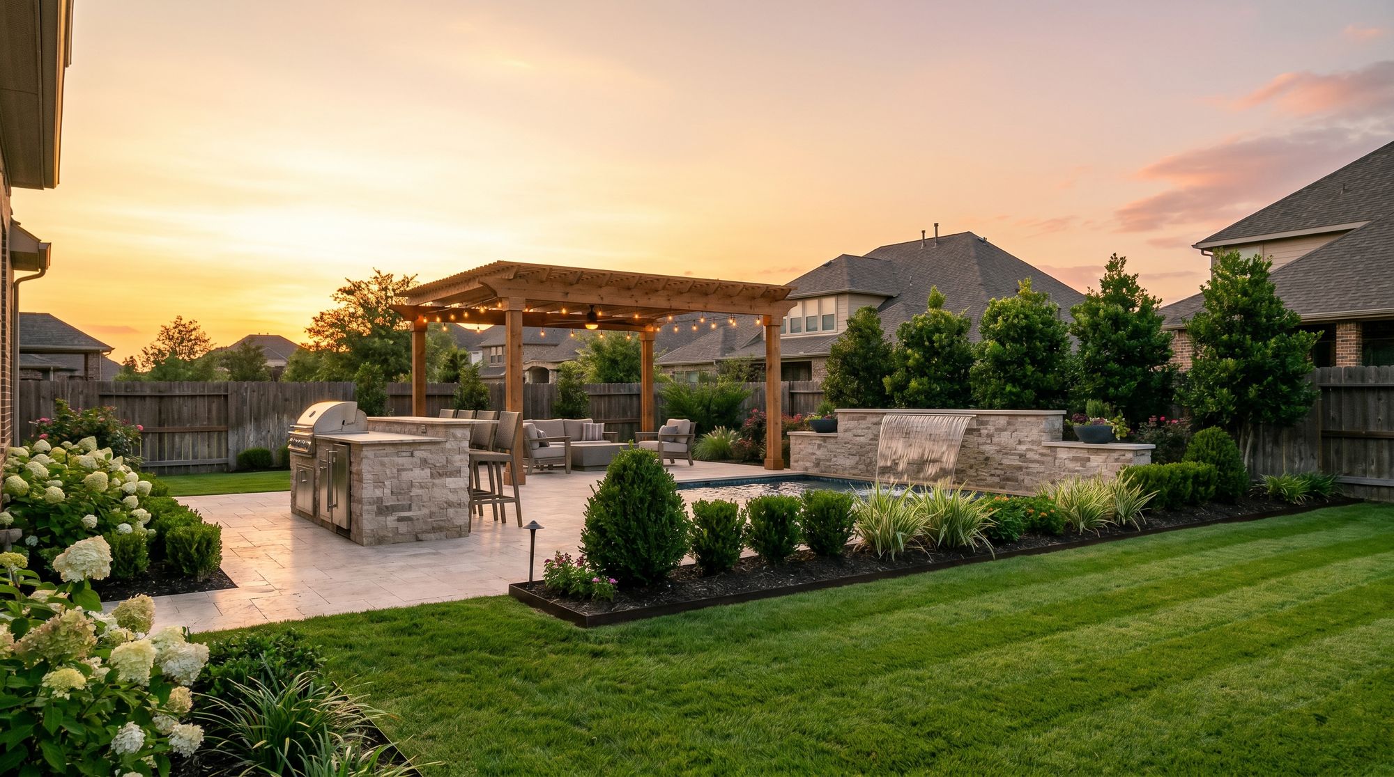 A finished outdoor-living backyard with a travertine patio, outdoor kitchen, water feature, and cedar pergola at golden hour